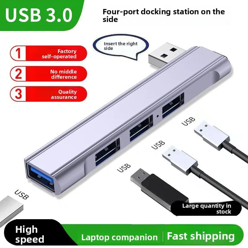 4 - Port USB 3.0 Splitter for Laptop, Type - C Hub, Aluminum Alloy Expander, Side - Bend Cable Hub