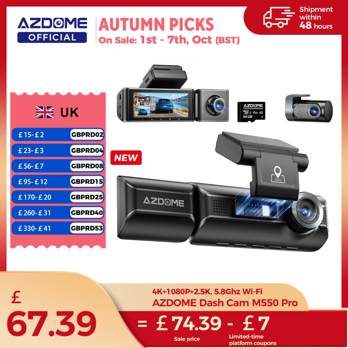 New AZDOME 4K M550 Pro Dash Cam Front Rear Interior 3 in 1 Car Camera 24H Parking Monitor Supercapacitor 5G WIFI GPS ADASCar DVR