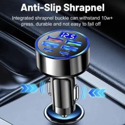 6in1 Car Charger Super Fast Charging 4 USB 2 USB C Multi Port with Voltage Digital Monitor for Car Cigarette Lighter