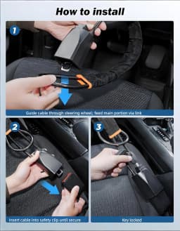 Car Steering Wheel Lock, Anti-Theft Steel Cable Security Lock, Universal Vehicle Safety Device for Cars