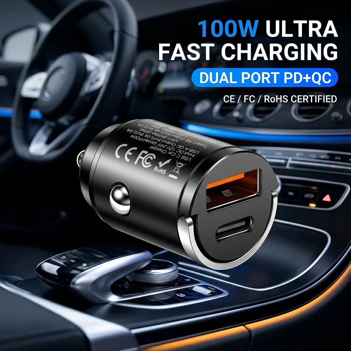 100W Mini Car Charger Dual Port PD Type C & QC USB A Fast Charging Adapter Flush Fit Stealth Pull Ring For 12V 24V Vehicles