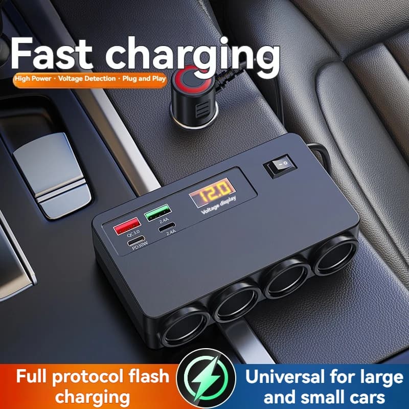 Multi-port QC3.0 PD Car Charger Adapter 4 Expansion Ports 12-24V Car Plug Smart Shunt for Fast Charging