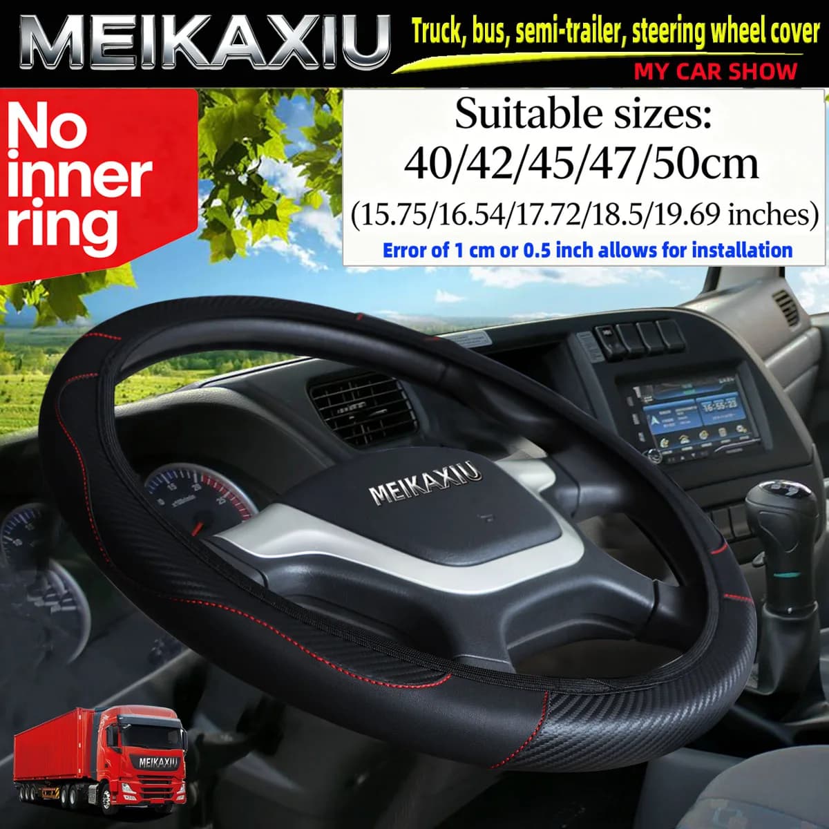 Adjustable Carbon Fiber PU Leather Steering Wheel Cover for Truck Van Bus - Multiple Sizes 40cm/42cm/45cm/47cm/50cm - Automotive