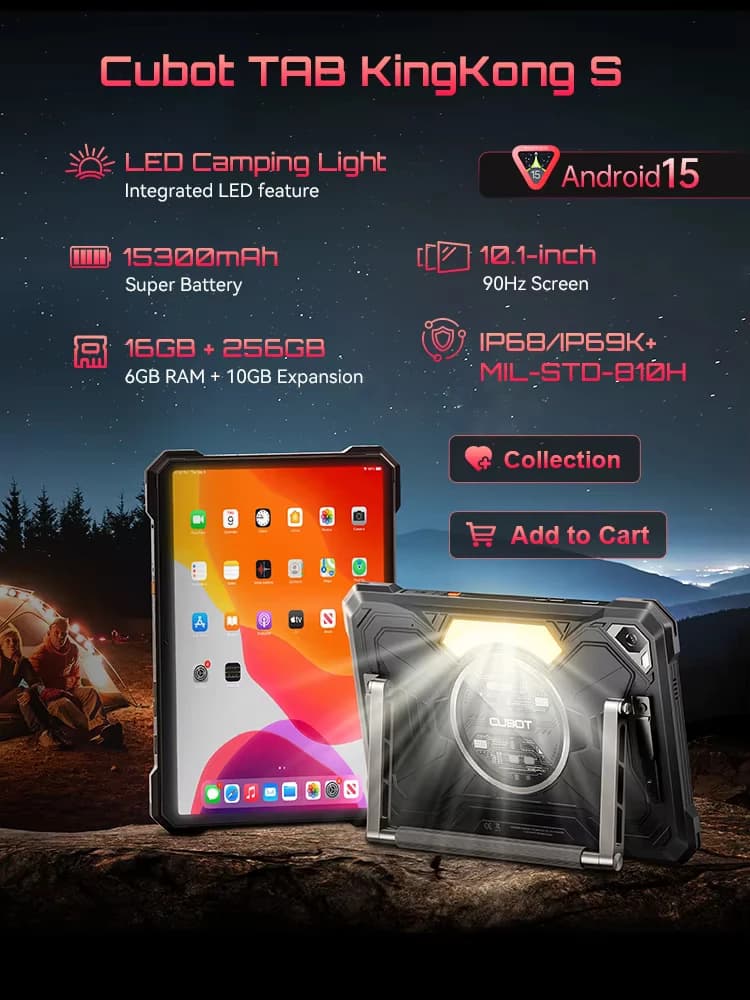Tablet Android 15 Cubot TAB KingKong S, 15300 mAh Battery, 16GB(6+10), 256GB, 10.1-Inch 90Hz Display, Camping Light, 48MP Camera
