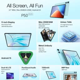 Teclast P50 Tablet 11" 90Hz Max.20GB RAM 128GB ROM Unisoc T606 Octa Cores 7000mAh Battery Android 15 Tablets LTE(4G)