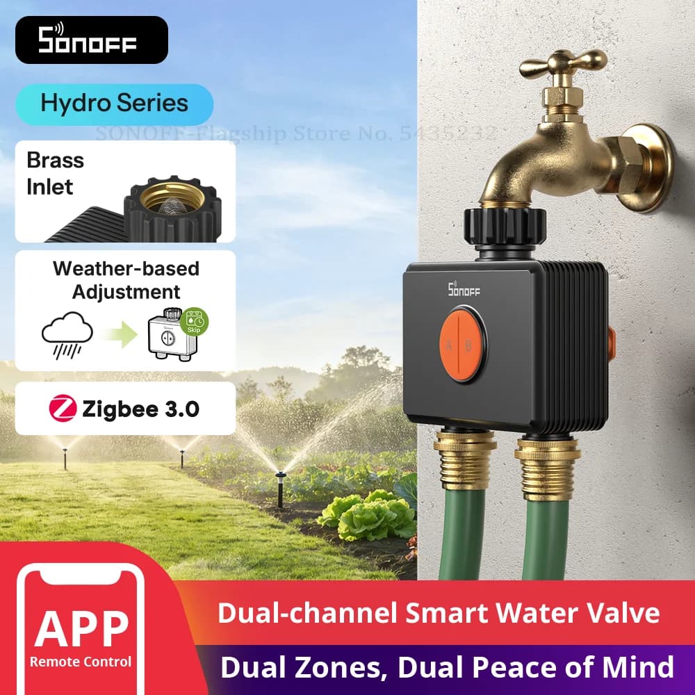 SONOFF Hydro DUO Dual-Channel Zigbee Smart Water Valve With Flow Meter,Brass Inlet,Seasonal Water Saving,App Leak&Frost Alert