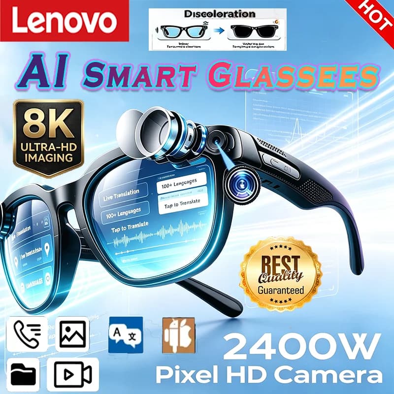 Lenovo 2400MP AI Remote Control Smart Recording Camera Glasses Voice Assistant Translator Wireless Bluetooth óculos inteligente
