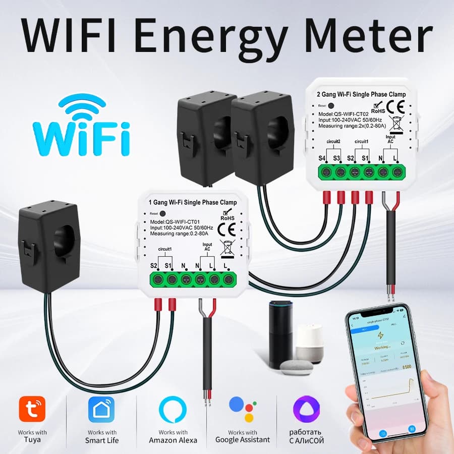 Tuya WiFi Energy Smart Meter 1CH 2CH 80A Current Transformer Clamp Monitor Solar PV System Power Production Consumption Monitor
