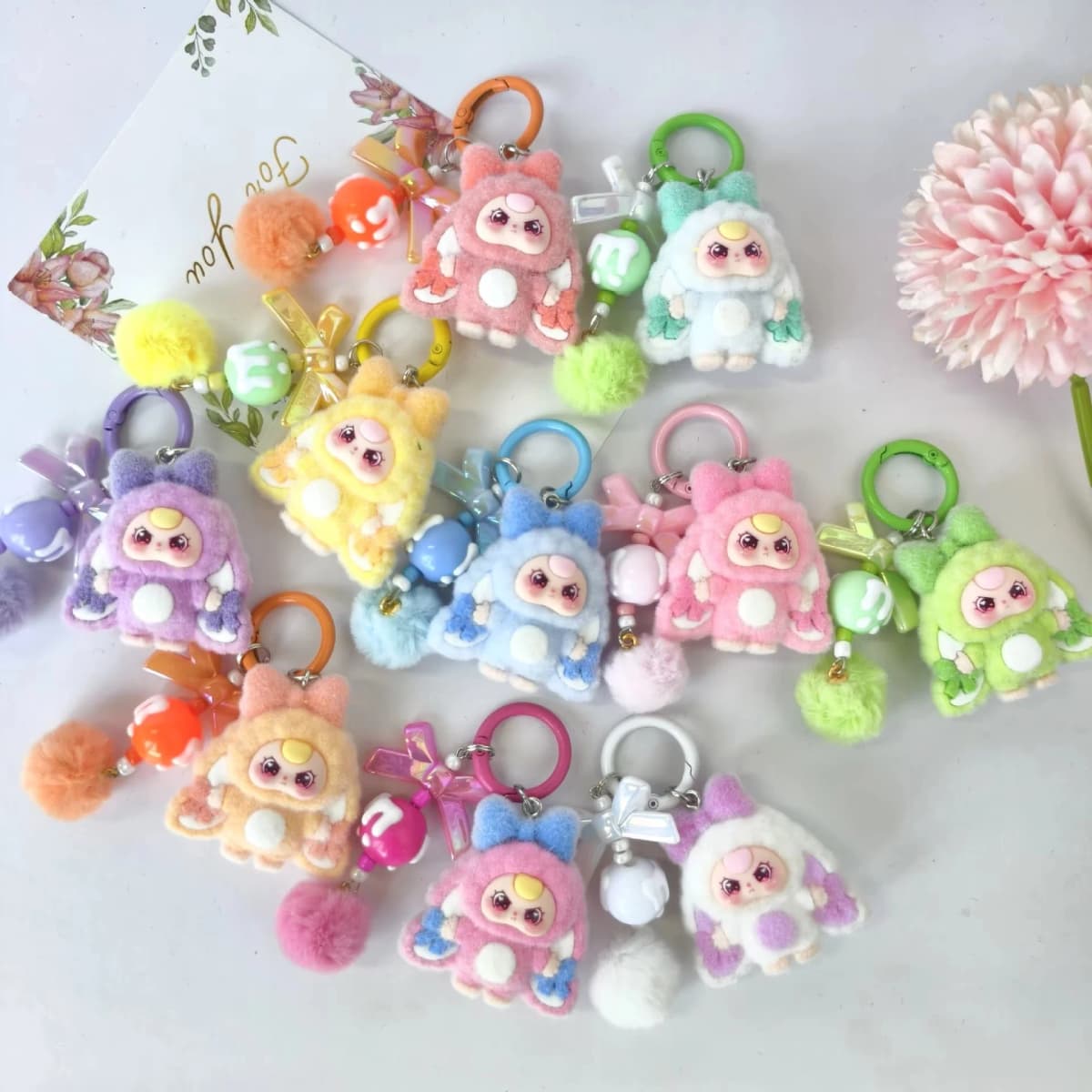 10pcs Mix Baby Three Flocked Cartoon Cute Doll Keychain Diy Jewelry Accessory Trendy Live Stream Toy Bag Pendant Kids Girls Toys