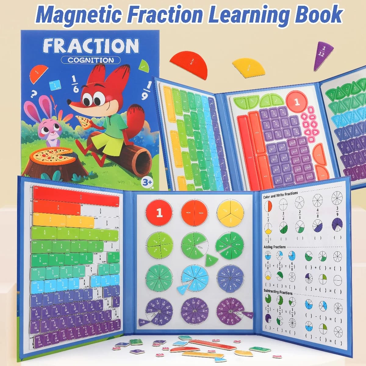 Magnetic Fraction Disk Teaching Aids, Scientific Educational Models for Fractions, Practical Interactive Enlightenment Teaching Tools for Schools, Block Charts + Pie Charts + Erasable Calculation Area, Addition and Subtraction Quantity Visualization Modules, Educational Toys, Family Education Materials