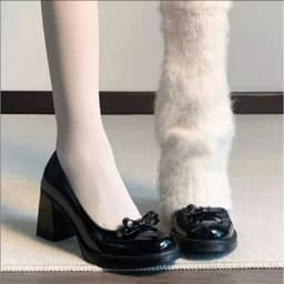 Vintage Bow Shallow Single Shoes Women Slip-On High Heels Block Heel Versatile Commuter Mary Jane Shoes