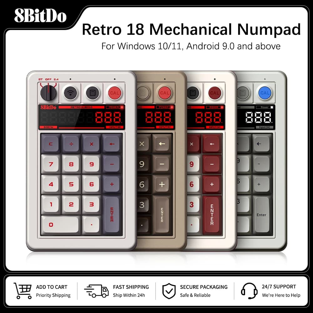 8BitDo Retro 18 Mechanical Numpad, Supports Calculator Mode, Bluetooth/2.4G/Wired Numpad for Windows and Android