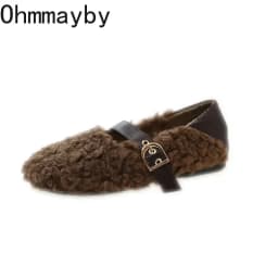 Designer Vintage Women Warm Fur Flats Shoes Fashion Shallow Belt Buckle Spring Autumn Ladies Comfort Loafers Shoes