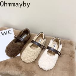Designer Vintage Women Warm Fur Flats Shoes Fashion Shallow Belt Buckle Spring Autumn Ladies Comfort Loafers Shoes