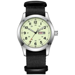 2026 Men's 42mm Watch Glow in the Dark Luminous Dial Day Date Green Canvas Strap 30M Water Proof Field Watch Khaki Strap