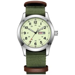 2026 Men's 42mm Watch Glow in the Dark Luminous Dial Day Date Green Canvas Strap 30M Water Proof Field Watch Khaki Strap