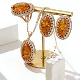 Kinel Hot Oval Amber Ring Earrings Necklace for Women Fashion 585 Rose Gold Color Natural Zircon Accessories Vintage Jewelry Set