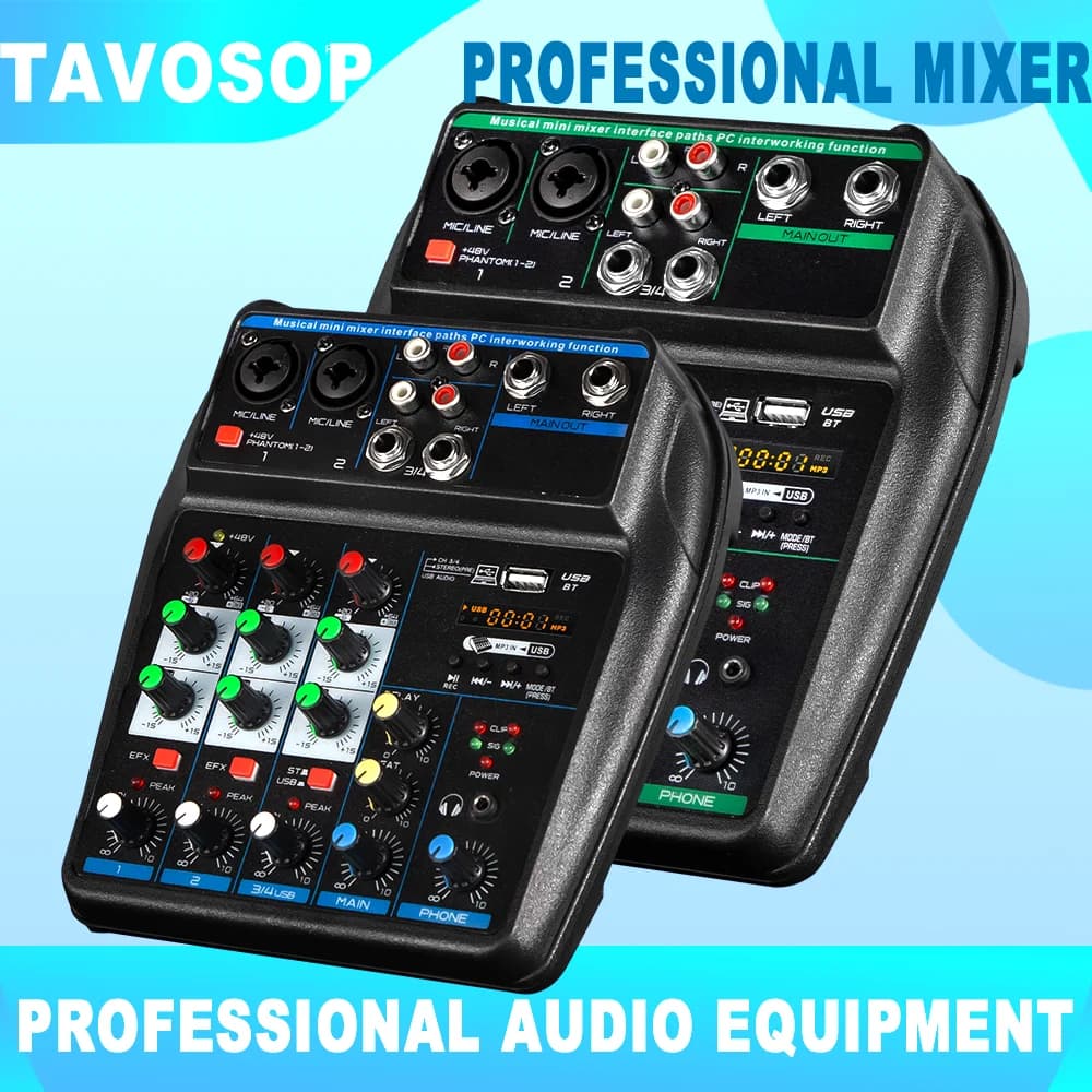 TAVOSOP Portable 4 Channel Audio Mixer Recording Sound Console Card With BT 48V USB Interface for DJ Karaoke PC MP3 Microphone