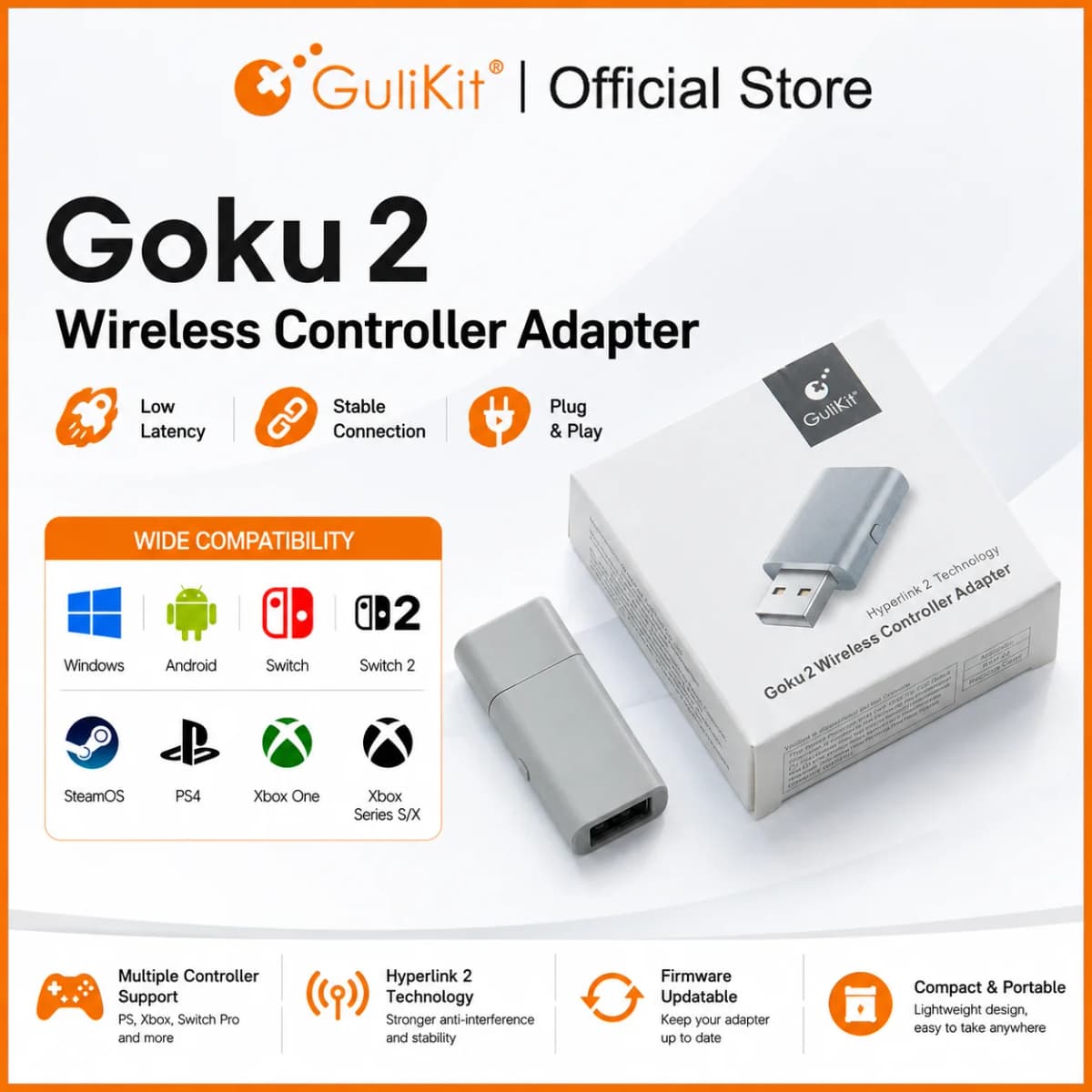 Gulikit Goku 2 Wireless Controller Adapter Receiver Dongle for Windows Switch 1/2 PS4 Android Xbox Series S/X,Xbox One Platform