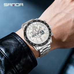 SANDA New Business Quartz Watches for Man Fashion Stainless Steel Tape Date Multifunctional Chronograph 5Bar Waterproof Clock