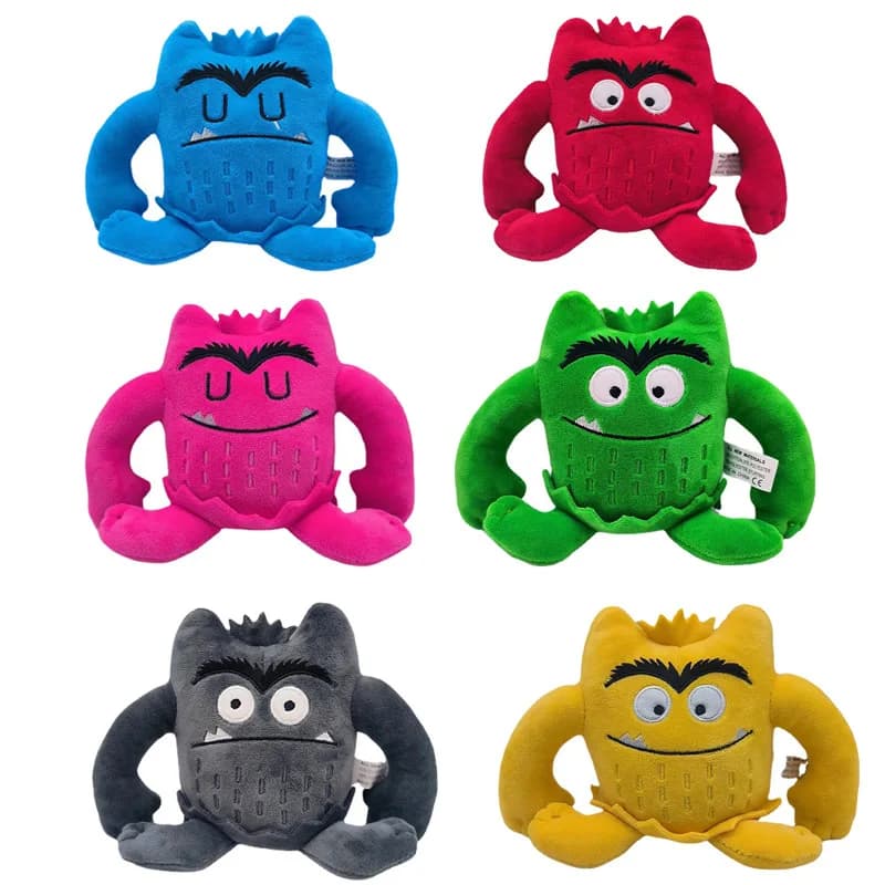 High-quality set of 6 plush toys of emotional little monsters. Colorful cartoon monster soft dolls. Children's festival gifts.