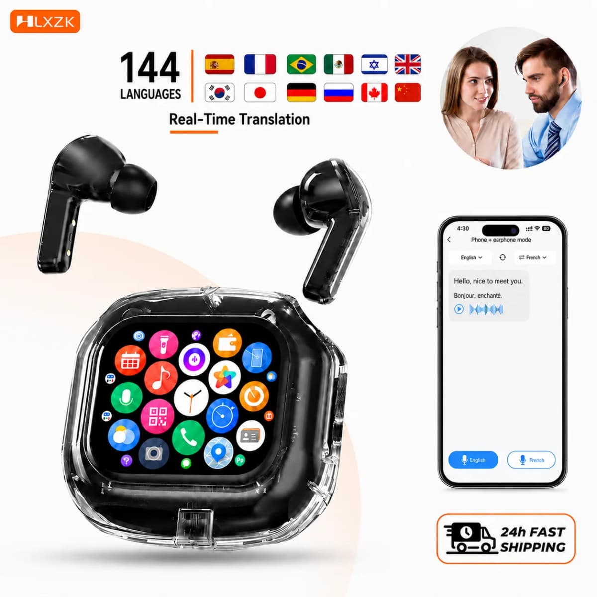 HLXZK 01 Bluetooth 5.4 Earphones AI Translator Earbuds OWS LCD Touch Screen Sport Wireless Headphones HD Stereo Sound Longlife