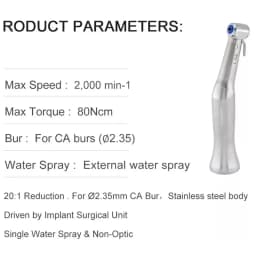 JUMTOP Dental Implant Contra Angle 20:1 Reduction Low Speed Handpiece Push Button Chuck External Spray Implant Handpiece