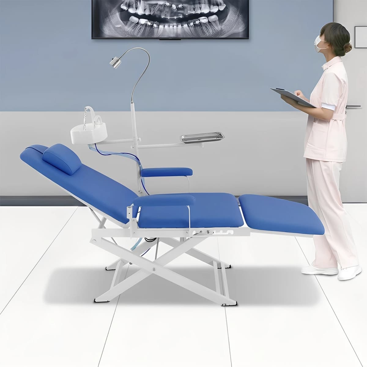 Portable Dental Chair Mobile Simple Folding Chair + LED Light +Tray Water Proof Adjustable Height & Angle