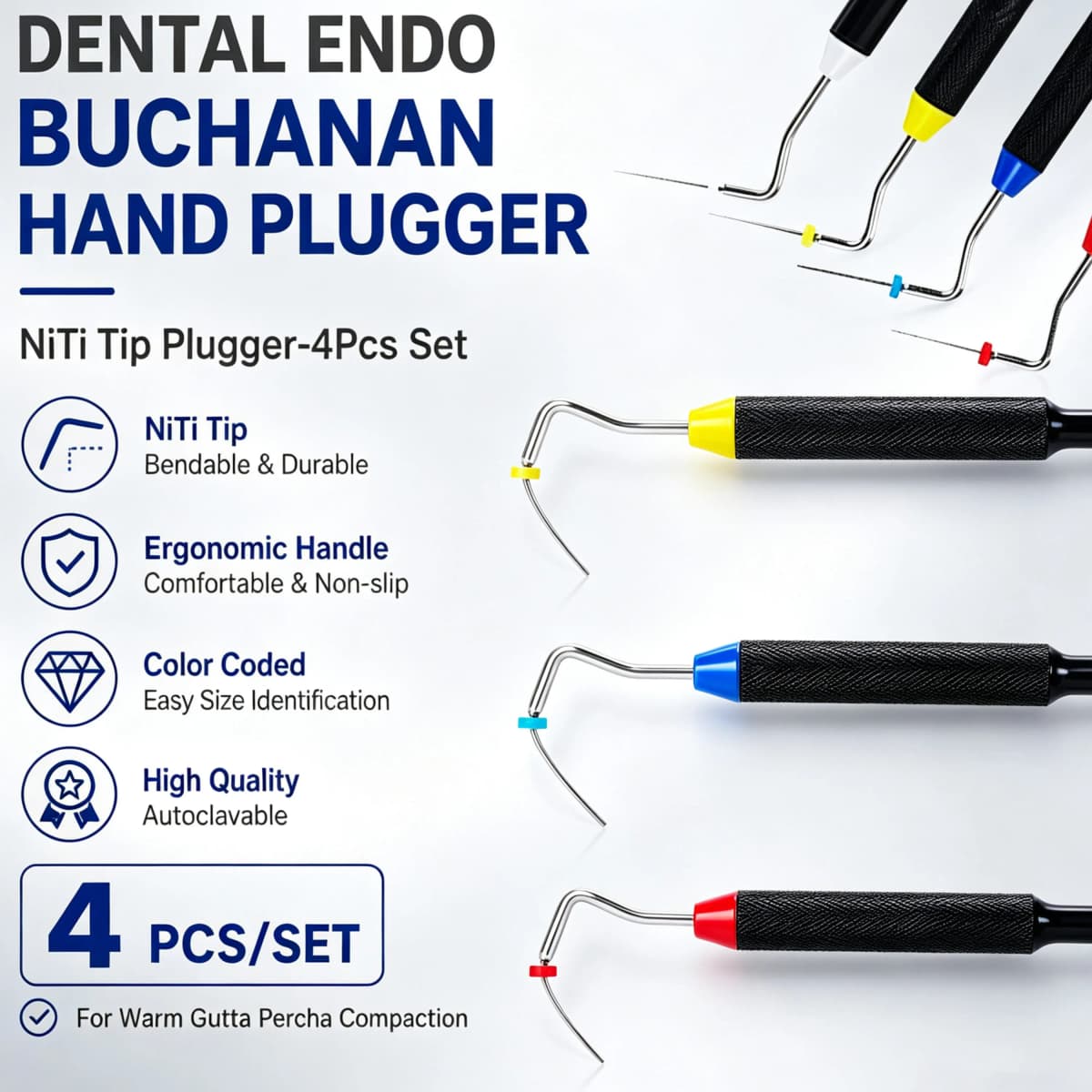 Dental Endo Buchanan Hand Plugger NiTi Tip #0 #1 #2 Endodontic Tool Gutta Percha Vertical Compaction Dentistry Instrument