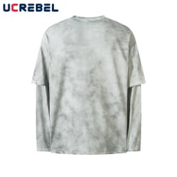 Letter Print Double-sided Printed T-shirt Mens High Street Washed Loose Cotton Tee Men Long Sleeve Crew Neck Tee Men