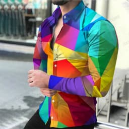 Geometric Theme ShirtsMen's Fashion, Casual Comfortable, Long Sleeve Shirts, Hawaiian Casual Beach Streetwear, Colorful Clothing