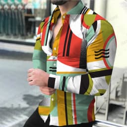 Geometric Theme ShirtsMen's Fashion, Casual Comfortable, Long Sleeve Shirts, Hawaiian Casual Beach Streetwear, Colorful Clothing