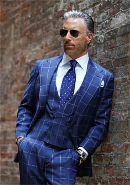 Navy Blue Plaid Luxuly Men Suits Slim Fit Notched Lapel Groom Formal Tuxedos Prom 3 Pcs Sets Business Male Blazer Costume Homme