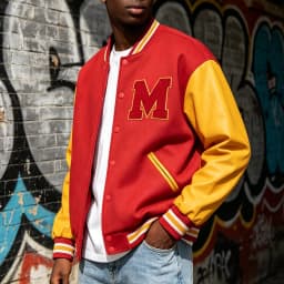 Mens M Letter Varsity Jacket Vintage Faux Leather Sleeve Baseball Letterman Coat Red & Yellow Streetwear for Casual Wear