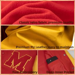 Mens M Letter Varsity Jacket Vintage Faux Leather Sleeve Baseball Letterman Coat Red & Yellow Streetwear for Casual Wear