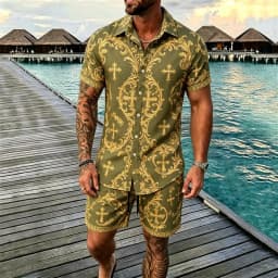 2026 Luxury Baroque Printed Short Sleeve Shirt and Shorts Set, Suitable for Beach Vacation and Luxury Tropical Dressing