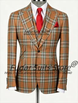 Business Vintage Brown Teal Plaid Men Suits Customized Slim Fit Peak Lapel Groom Wedding Tuxedos Male Prom Blazers 3 Pieces Sets