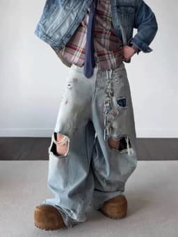MIJKO Silhouette Floor Length Hole Patched Mud-Dyed Jeans ZJ063