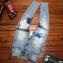 Fashionable printed jeans for men, retro blue, elastic, slim fit, small feet, street fashion, high-end denim, casual pants