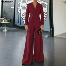 INCERUN Men Sets Solid Color Double Breasted Long Sleeve Blazer & Pants Two Pieces Sets Streetwear Fashion Casual Men's Suits