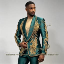 Man Brilliant Satin Tuxedo Suit Gold Crystals Beading Embroidered Prom Blazer Pants 2 Pieces Groom Formal Wear Wedding Outfits