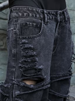Men's Black Jeans. With a Design of (Ripped Holes) and Tassels. In a Street Trend Style.