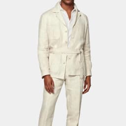 New 2 Pieces Linen Men's Suits With Belt Tuxedo Summer Casual Style Groomsmen For Wedding(Blazer+Pants)