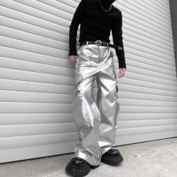 Silver Leather Pant Men Streetwear Fashion Hip Hop Loose Casual Leather Cargo Pants Trousers Stage Clothes Performance Costume