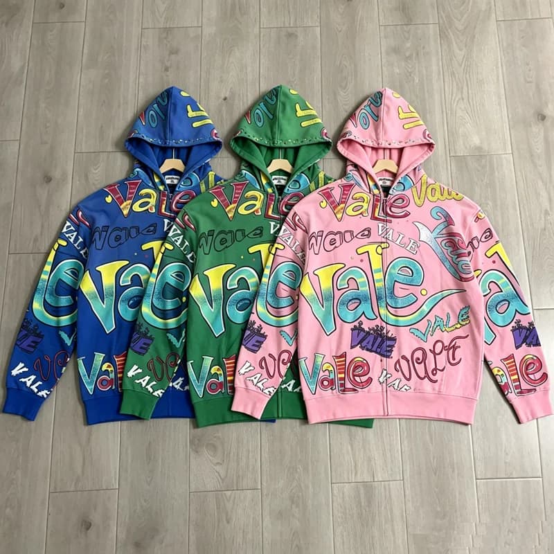 VALLEY Oversized Vintage Graffiti Cursive Text Zip Hoodie All Over Print Fit Y2K Hip Hop Sweatshirt Men's Clothing