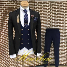 Men's Suit Business Jacket Dark Gray Jacket Navy Blue Vest Pants 3-Piece Set Slim Fit Wedding Tuxedo for Men