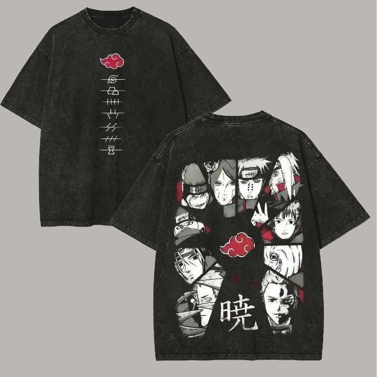Akatsuki T Shirt Naruto Men Acid Wash Back Print Pain Itachi Anime Graphic Cotton Streetwear Red Cloud Vintage Bootleg Tee