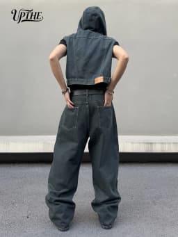 UP.THE Men Dark Raw Denim Baggy Wide Leg Jeans, Y2K Oversized Loose Curved Spliced Eyelet Denim Pants, Industrial Streetwear Trousers for Daily Outfits