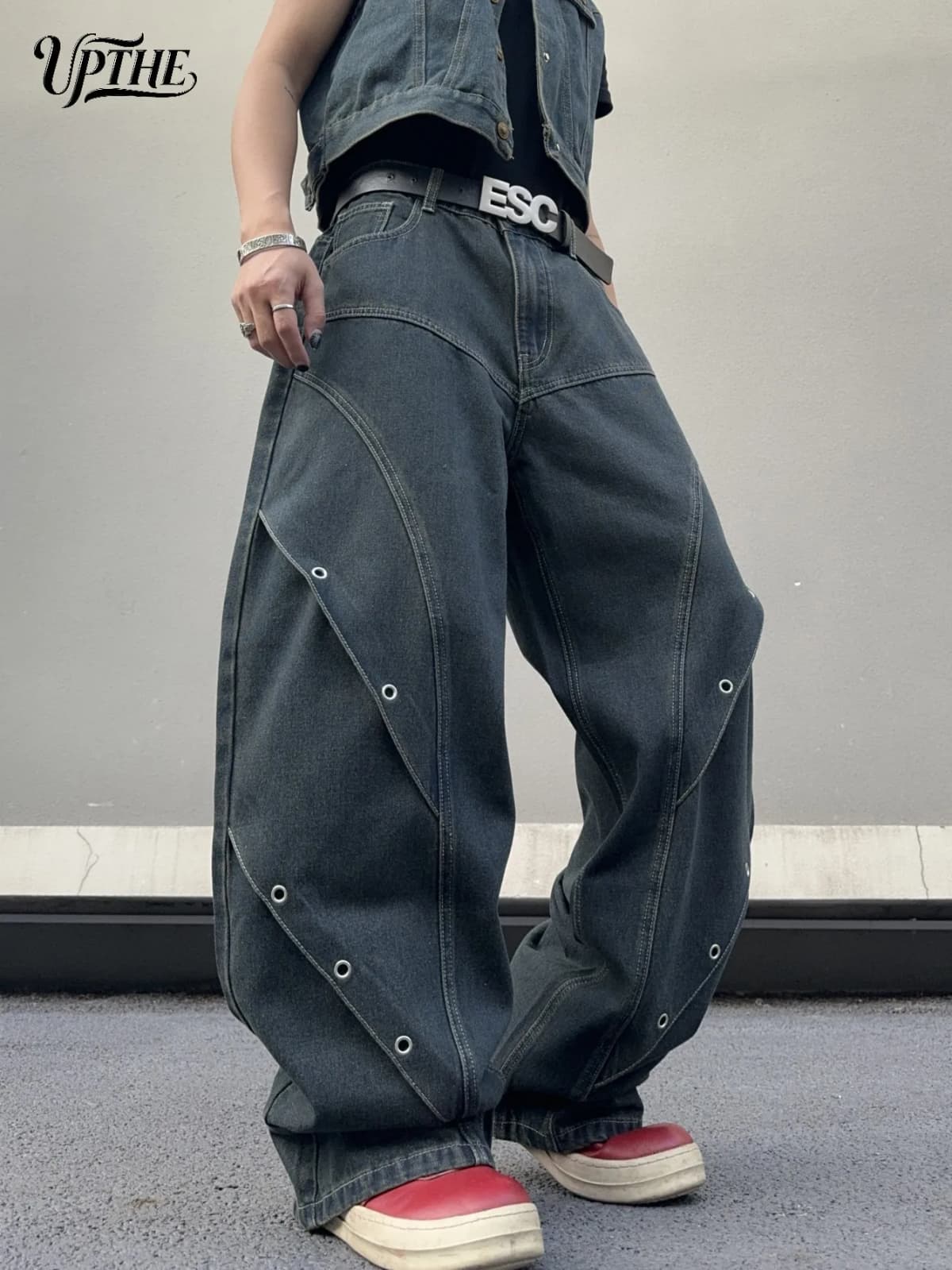 UP.THE Men Dark Raw Denim Baggy Wide Leg Jeans, Y2K Oversized Loose Curved Spliced Eyelet Denim Pants, Industrial Streetwear Trousers for Daily Outfits