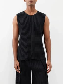 Miyake Pleated Men Sleeveless Vest Round Neck Loose Fit Casual Tank Top Japanese Minimalist Daily Wear